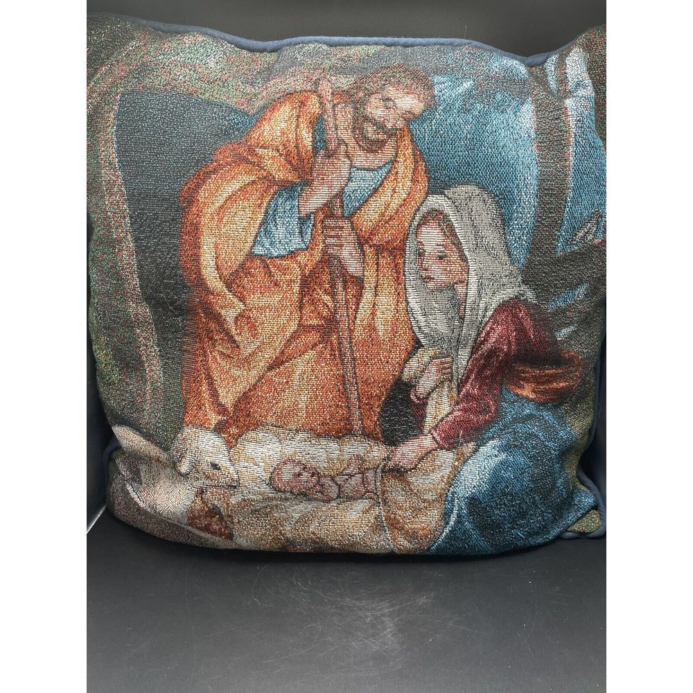 Vintage Christmas Tapestry Throw Pillow with Mary, Joseph‎ & Baby Jesus